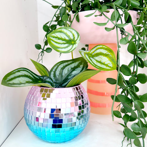 Pink to turquoise disco ball pen cup, planter, vase