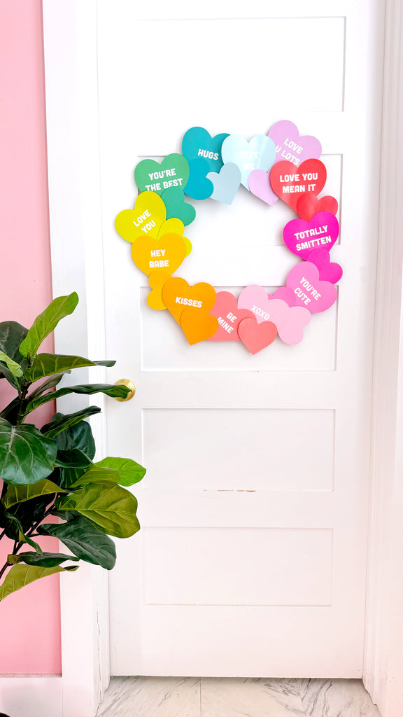 DIY rainbow conversation heart wreath