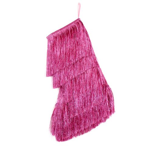 Pink Tinsel Fringe Christmas Stocking