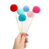 Red white and blue pom pom drink stirrers and cake toppers