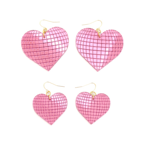 Pink Mirror Ball Disco Heart Earrings