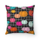 Colorful Splatter Painted Pumpkin Black Grid Halloween Throw Pillow