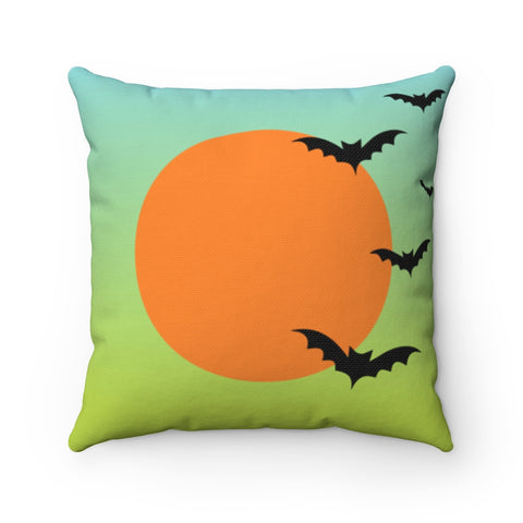 Mint Lime Gradient moon and bats Halloween Throw Pillow