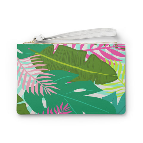 Pink and Green Tropical Palm Leaf Clutch Bag