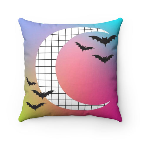 Colorful Gradient White Grid Moon Bat Halloween Throw Pillow