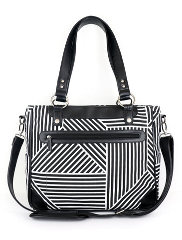 Laptop Camera Bag - Black and White Lines - Laptop Tote - Womens Laptop Satchel - Canvas and Vegan Leather